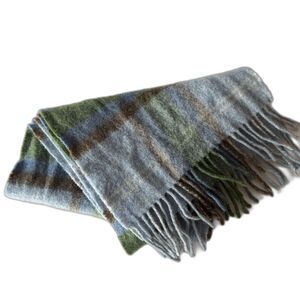 John Hanly & Co Lambswool Scarf Plaid Blue Tartan Fringe Ireland Unisex Heritage
